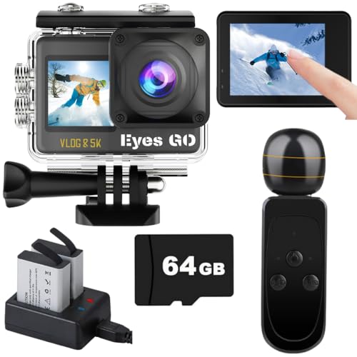 Eyes GO 5K - Marque Française - Caméra Sport 5K30fps 4K60FPS - Appareil Photo 50MP - Kits 31 Accessoires - 2 écrans (Tactile & Vlog)- Micro Cravate 360° -EIS 2- Action Camera Sportive Étanche Dashcam