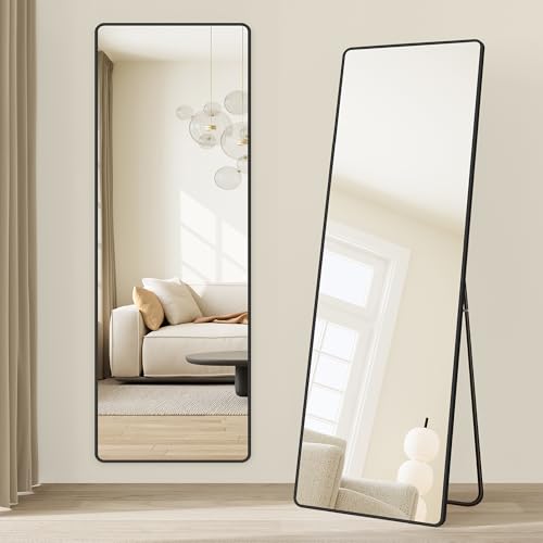 SONGMICS Miroir Intégral, 160 x 50 cm, Miroir Rectangulaire sur Pied, Grand Miroir À Poser au Sol, Cadre en Alliage d’Aluminium, Verre Trempé, pour Chambre, Salon, Dressing, Noir d’Encre LFM030B01