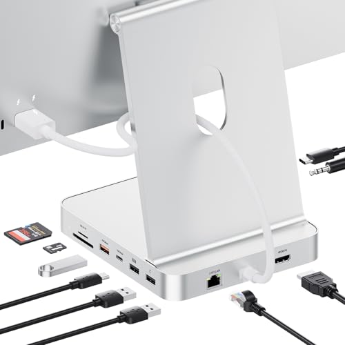 PULWTOP Amélioré iMac Hub pour iMac M1/M3/M4, Accessoires iMac avec boîtier SSD (SSD non inclus), hub USB C pour iMac 24 pouces avec HDMI 4K@60Hz, 2,5 GbE, USB A/C 3.2 10 Gbit/s, SD/TF, Audio - Argent