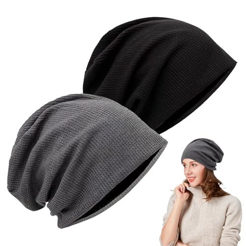 2 Pièces Bonnets Slouchy pour Hommes et Femmes, Unisexes, élastiques, Longs Bonnets, Doux pour Le Quotidien et Les activités de Plein air, Sommeil et Chimiothérapie - Noir et Gris