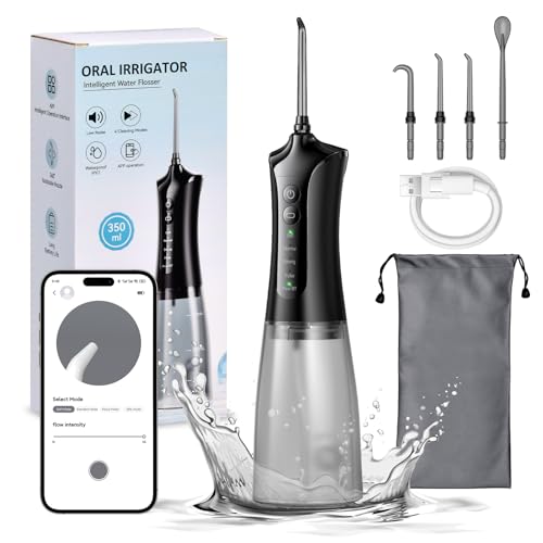 Jet Dentaire Hydropulseur Portable,Irrigateur buccal avec 4 modes,Réservoir d'eau de 350 ml, Nettoyeur de dents électrique étanche IPX7, APP régule la pression de l'eau Pour IOS, IPad et Android Noir