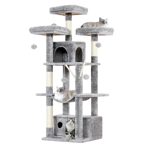 MSmask Grand Arbre à Chat avec 3 Plate-Formes, 2 Niches, Hamac, Bâtons Amovibles avec Pompons, Tour d'escalade Stable avec 4 Poteaux en Sisal, Multi-Niveau Hauteur 158 cm, Tissu Peluche, Gris Clair