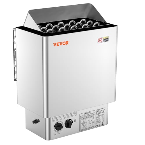 VEVOR Poêle de Sauna Électrique Portable Inox, 8 kW, 400 V 3 N, avec Minuterie 3 h, Contrôleur Intégré, 110℃ Max, pour Sauna 8-12 m³, Utilisation Commerciale de Douche Spa Hôtel, Pierres Non Incluses