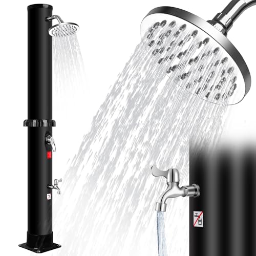 Inoamity Douche Solaire Piscine 60L - Douche Exterieur Solaire Haut de Gamme avec Pommeau de Douche Pivotant à 360° et Douchette pour Les Pieds, Température Réglable Jusqu'à 60°C, 215cm, Noir (60L)