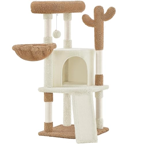 Yaheetech Arbre à Chat Cactus Hauteur 106,5 cm Tour pour Chat en Tissu Moppy avec Poteaux en Sisal Plateformes Niche Panier Perchoir Griffoirs Maison (Beige/Marron)