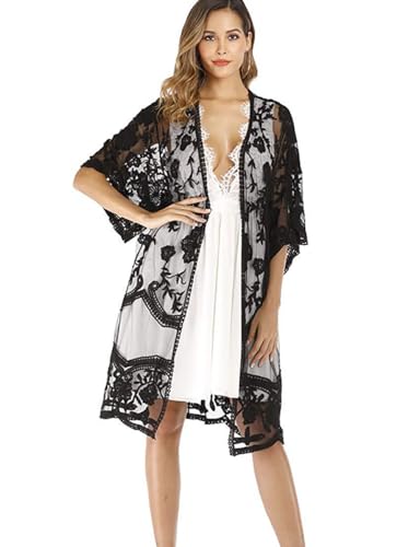 Leisofter Femme Robe de Plage Bikini Cache-Maillots Broderie Robe Couvrir Beach Maillots de Bain Cover Up, Mi-Longueur