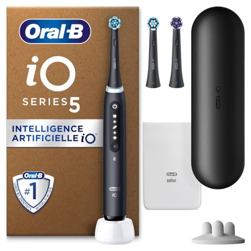 Oral-B iO 5 Brosse À Dents Électrique, Un Capteur De Pression Pour Protéger Les Gencives Et Les Dents Sensibles, Avec 3 Brossettes Douces De Rechange, 1 Chargeur Blanc, 5 Modes De Nettoyage, Noire