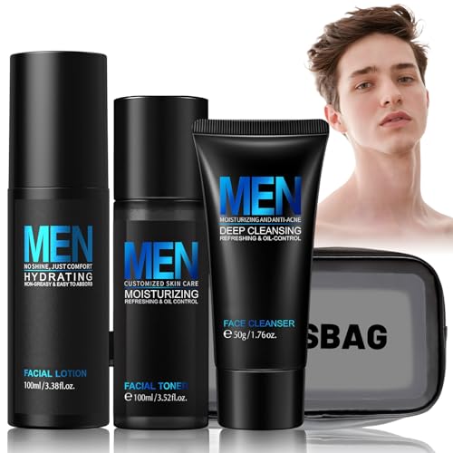 Soin Visage Homme, Skincare Kit, Coffrets de Soins Pour la Peau, Trousse de Toilette Transparente Lotions Toniques Nettoyant Visage Homme Lotion Hydratante, Hydratant, Réduisant les Ridules, 4 Pièces