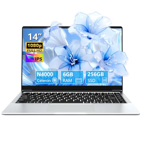 Moacreto Ordinateur Portable 14,1 Pouces 6 Go RAM 256 Go SSD Celeron N4000, PC Portable écran pivotant à 180°, avec Mini-HDMI, 2*USB 3.0, Batterie 5000 mAh, Argent, Fin et léger Laptop
