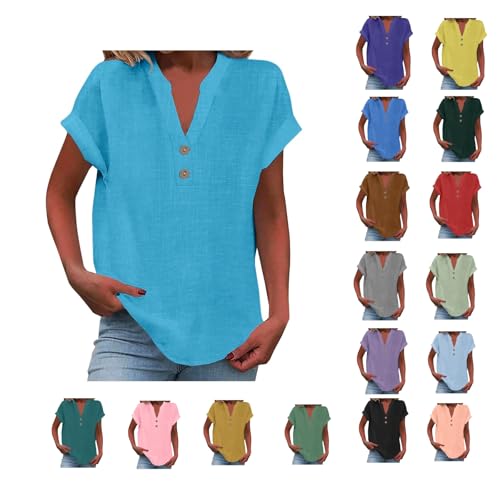 Chemisier Femme Coton et Lin Chemise Col en V Manches Courtes T-Shirt Grande Taille Pas Cher Blouse Lâche Respirant Chemise Chic et Élégant Tee Shirt Couleur Uni Tops Tunique Blouse S-5XL