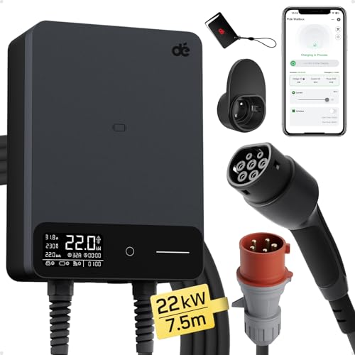 dé Borne de Recharge Véhicules Électrique 22kW APP [6-32A, Triphasé] Wallbox 22kW avec Câble Type 2 7,5m, RFID, Borne de Recharge avec RCD Type-B et ip54 pour E-208 et Autres BEV/PHEV, Noir