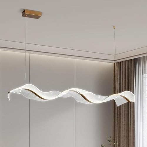 Lampe d'île de cuisine, lampe de table LED avec télécommande Wave Gold chambre à coucher pendentif lampe à manger réglable plafonnier salle de suspension (L100cm)