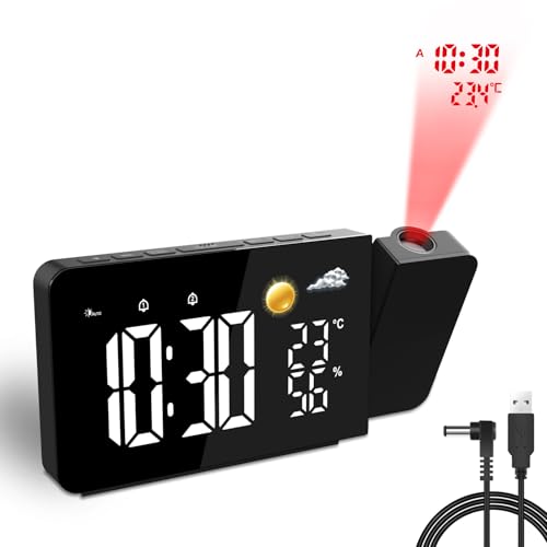 Uzoli EM3211A Réveil projecteur avec écran LED, Prévisions météo 8h, Température et Humidité, 2 Alarmes, Fonction Snooze, Projection rotative à 180°, 10 Sonneries, idéal pour la Maison ou Le Bureau