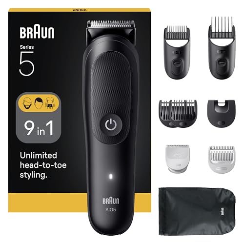 Braun Tondeuse Tout-En-Un Series 5, 9-En-1, Lame Ultra Affûtée, 120 Min D’autonomie, Protection SkinGuard Pour Le Corps, Coupe Précise Et Efficace, Manche AquaGrip Pratique Sous L'eau, AIO5540, Noir