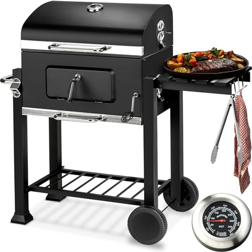 tectake® Barbecue Grill XL BBQ à Charbon Multifonction BBQ charbon avec Couvercle, Poignée en Acier Inox, Roues et Thermomètre intégré, Tablette, Grille de Rangement pour Cuisine exterieure Barbecue
