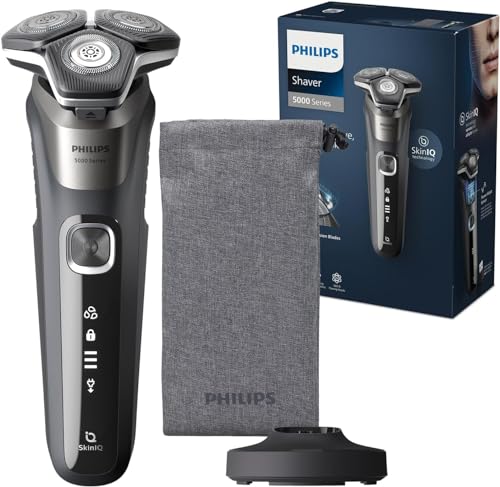 Philips Rasoir Series 5000 - rasoir électrique Wet & Dry gris carbone avec tondeuse rétractable intégrée, pochette souple, capuchon de protection et socle de charge (modèle S5887/13)