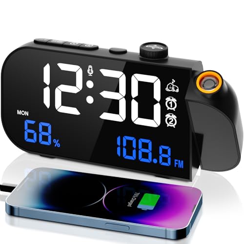 VOSFEEL Radio Reveil Température et Humidité, 180° Réveil Projecteur Plafond, Réveil Numérique avec Fonction de Gradation, Chargement USB, 12/24H pour Chambre à Coucher, Bureau