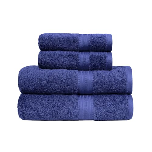 Amazon Basics Lot de 4 serviettes 100 % coton pour salle de bain, résistantes à la décoloration, douces et absorbantes, 2 Serviettes de bain et 2 Serviettes à mains, Bleu Royal