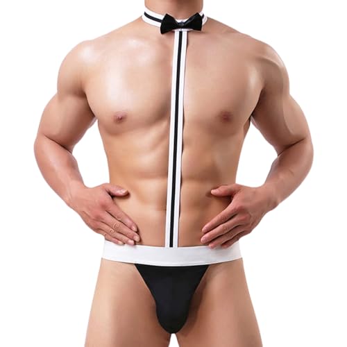 ROSVAJFY String Sexy pour Homme avec Nœud Papillon - Cosplay Serveur, Borat Sous-vêtements, Thong Tenue Jeu de Rôle Waiter, Mankini Body Slip - Noir, Taille Unique