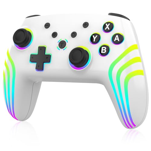MYSTILUCK Manette Sans Fil Pro pour Switch/Switch 2/Lite/OLED/PC, Contrôleur avec 7 Couleurs d'éclairage RGB Changeantes/Double Vibration/Gyroscope 6 axes/Turbo, Joystick Ergonomique et Précis, Blanc