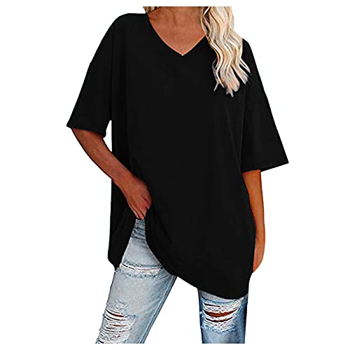 Tee Shirt Femme Col V Fluide Sport Respirant T-Shirt Femme Oversize Très Large Uni Été Blouse Femme À Manches Courtes Grande Taille Decontractee Retro Haut Ample Souple Vêtement