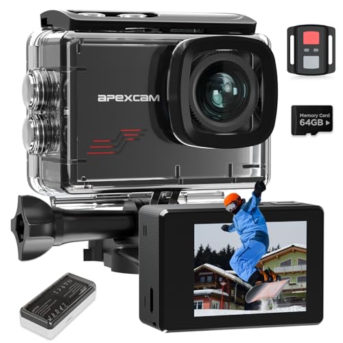 Apexcam M80 Caméra Sport 4K Stabilisateur 60FPS Action cam avec Carte 64GB Photo 48MP Camera Étanche 40M avec EIS 8X Zoom 170° Grand Angle avec Kits d'accessoires pour Aventures