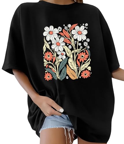 Xnova Tee Shirt Femme Grande Taille Coton T-Shirts à Manches Courtes Col Rond Oversize Graphic Long Top Casual Loose Haut Été, E-Noir, M