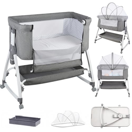 OHMG 3 en 1 Berceau Cododo pour Bébé,Inclinaison&Hauteur Réglable,Lit Cododo de Bébé avec Matelas Moelleux et Moustiquaire 4 Roues,pour 1 à 36 Mois (Gris（80 * 40 * 100-115cm）)