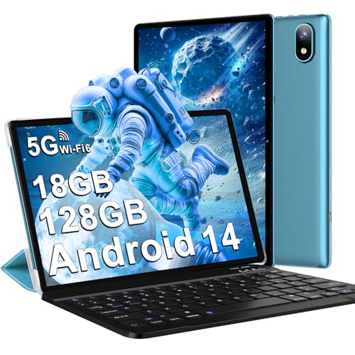 Tablette Android 14 avec 5G Wi-Fi 6, 18 Go RAM + 128 Go ROM(1 To Extensible), FHD Tablette Tactile avec Widevine L1, BT 5.0, 8 cœurs, 6000 mAh, 2 en 1 Tablette 10 Pouces avec Clavier et Souris, Bleu