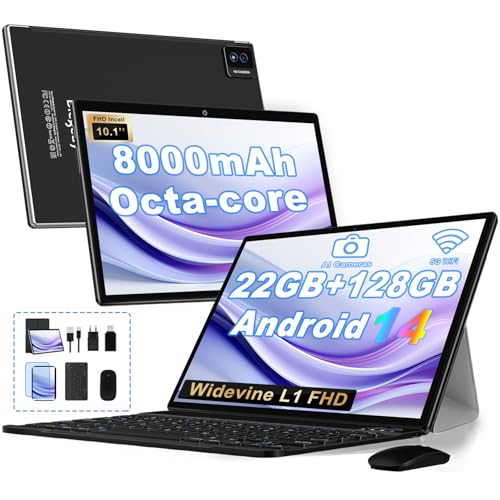 Tablette Android 14 Tablette 10 Pouces 22Go RAM + 128Go ROM(2To Extensible), Octa-Core, GMS Tablette Tactile, WiFi 6, 5G Wi-FI, Widevine L1, 8000mAh, GPS, Tablettes avec Clavier+Souris et Cas-Noir