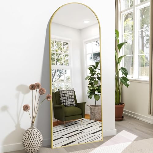 Weare Home Miroir sur Pied, 165 x 60 cm, Arqué Miroir Pleine Longueur, Miroir Arqué avec Cadre en Métal, Support, Miroir sur Pied Penché ou Suspendu pour Salon, Chambre, Entrée(Doré)