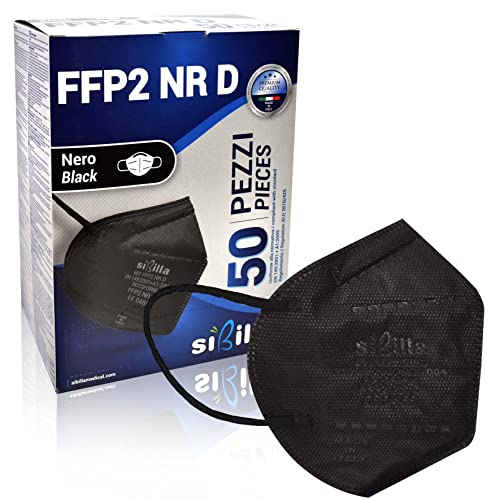 SIBILLA 50 Pièces Masque FFP2 Noir NR D avec Certifié CE0465, Masque Noir FFP2 à 5 Couche Haute Protection Respiratoire BFE≥99%, Masques Scellés et Emballés Individuellement