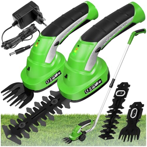 tectake® Taille haie Batterie Cisaille de Jardin Cisailles à Gazon Coupe Bordure Batterie avec 2 Lames différentes, Manche téléscopique et Chargeur 7,2V Batterie Lihtium ION Taille Herbe