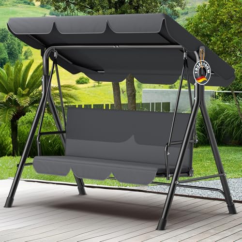 Balancelle de Jardin 3 Places avec Toit réglable｜Banc de balançoire Extérieur pour Jardin avec Pieds antidérapants & Auvent, résistante aux intempéries, Charge 200 kg｜Anthracite