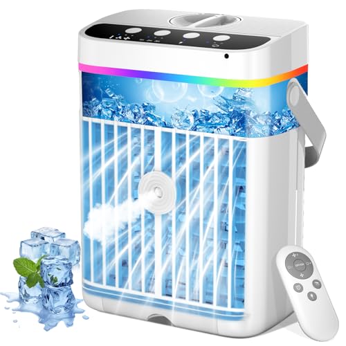 Climatiseur Mobile, 1250ml Climatiseur Portable, USB 4 en 1 Mini Climatiseur Mobile Avec 3 Vitesses, 3 Niveaux de Brume, 7 Couleurs LED de Nuit, et 1/2/3 H Minuterie Pour La Maison, Le Bureau