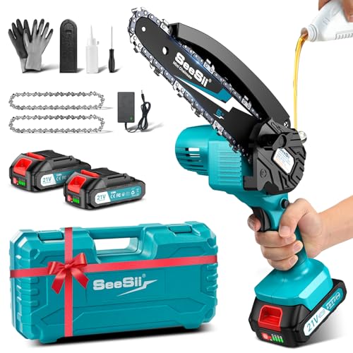 Mini Tronçonneuse à Batterie, Seesii 6 Pouces Tronçonneuse Électrique sans Fil, avec Injecteur de Lubrifiant et 2 Batteries, Mini Scie à Chaîne Électrique Rechargeable, 2 Chaînes