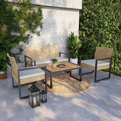 casa.pro Salon de Jardin 4 Pièces avec Table Banc pour 2 Personnes et 2 Chaises avec Accoudoirs et Coussins Confortables Acier Bois d'Acacia Polyrotin Beige Noir Naturel