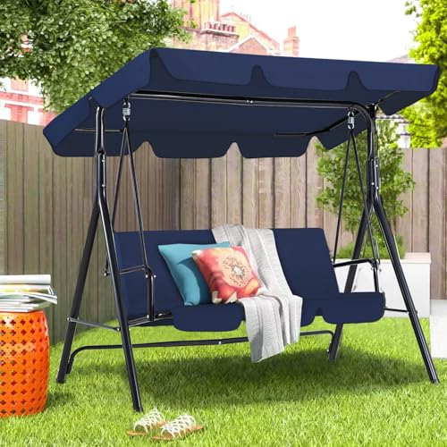 YODOLLA Balancelle de Jardin 3 Places丨Balancoire Extérieure pour Terrasse, Piscine, Porche丨Auvent Réglable & Coussin Amovible丨Charge 204kg, 172 × 112 × 150 cm (Bleu Foncé)