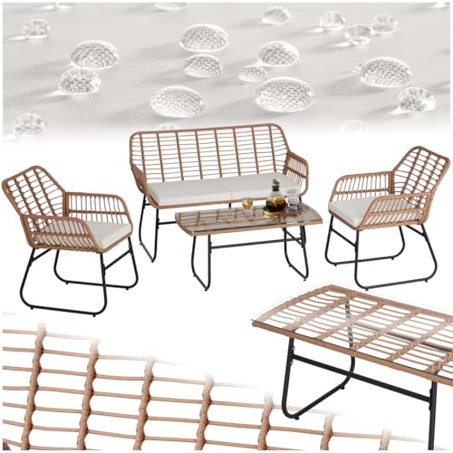 TecTake® Salon de Jardin Extérieur en Poly Rotin 4 Personnes Ensemble Canapé 2 Places 2 Fauteuil Salon et Table de Jardin, Coussins Amovibles Inclus, Amenagement Balcon Terrasse Veranda
