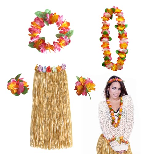 FUIPVGI 5 Pièces Costume de Hula Hawaïen, Jupe Hawaïenne, Hawaiian Herbe Hula Jupe Avec Fleur Leis Collier, Hawaiian Hula Grass Skirt Deguisement Hawaienne Femme, Pour Les Carnavals