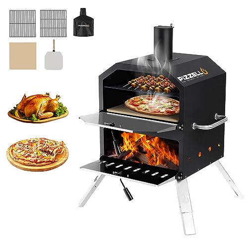 Pizzello Four à pizza d'extérieur de 40,6 cm, grand four à pizza à 2 couches avec pierre à pizza, pelle à pizza, grille de gril, couvercle de four, machine à pizza extérieure pour camping dans le