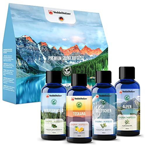 Veddelholzer Infusion bio pour sauna à base d'huiles essentielles 100 % naturelles - 4 x 100 ml - Différentes huiles de sauna - Accessoire de sauna - Coffret cadeau tout en un seul ensemble