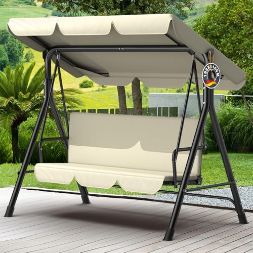Balancelle 3 Places Ergonomique avec Toit réglable｜Balancelle de Jardin Pieds antidérapants, Structure métallique Stable, résistante à l’Eau, Balançoire Extérieur pour terrasse et Jardin｜Beige