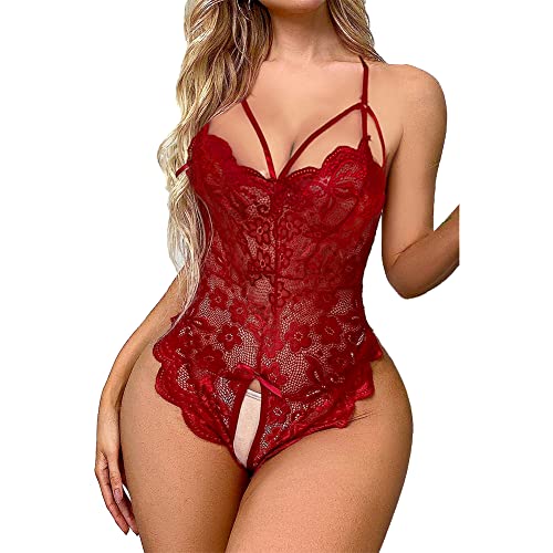 Satohom Lingerie Sexy Femme Body et Combinaison Dos Nu en Dentelle Décolleté en V Sexy Teddy Lingerie Culotte Ouverte Erotique Nuisette sous Vêtements Ensemble Lingerie
