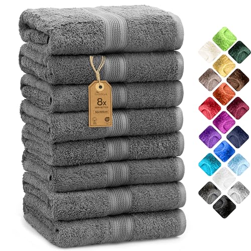 NatureMark Lot de 8 Serviettes de Toilette en Tissu éponge, 100% Coton, Anthracite/Gris, 50 x 100 cm