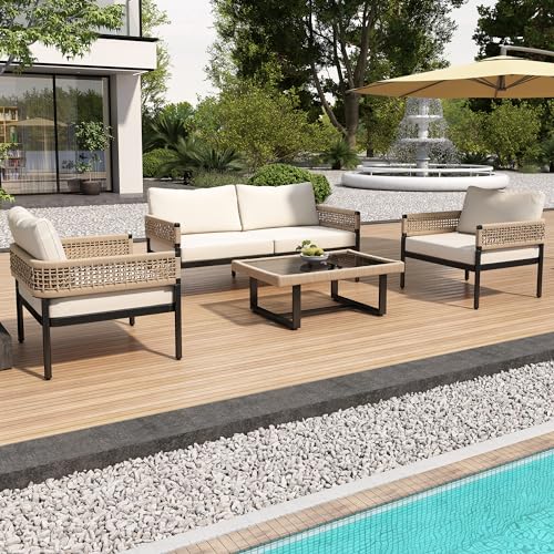 Seyakany Salon de Jardin Exterieur 4 Personnes avec Cadre en Fer galvanisé,Ensemble de Meubles de Jardin en Corde,Pieds réglables,y Compris Tous Les Coussins d'assise et de Dossier