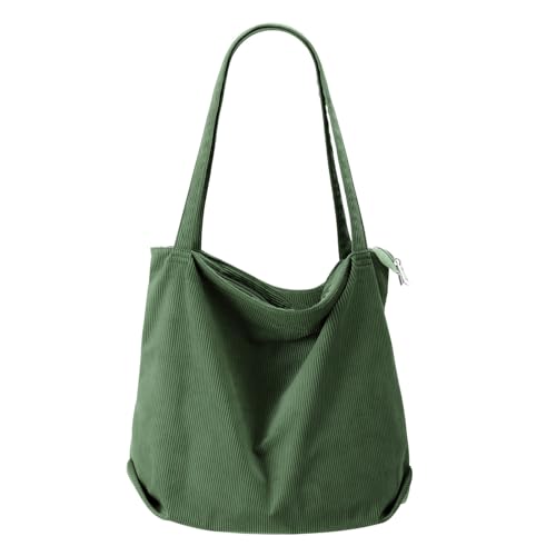 VOSSOT Vert Foncé Sac fourre-tout en velours côtelé pour femme et fille - Grand sac de transport réutilisable avec poche - Sac de courses de grande capacité avec sac à bandoulière pour l'école, le