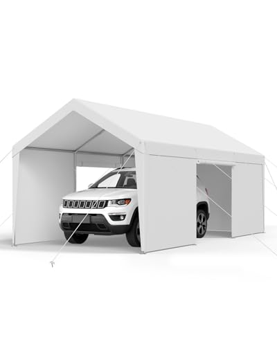 VEVOR Tente Garage, 3,05 x 6,09 m, Carport Abri de Voiture Extérieur avec Parois Latérales Amovibles et Portes, Résistant aux UV et à l'eau, Protection Toutes Saisons pour Automobile et Bateau, Blanc
