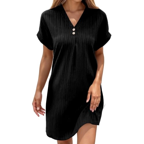 Robes Grandes Tailles pour Femmes Rondes, Fluide Chic et Elegant Robe Manches Courtes Mi Longue Tunique Ete Plage Grande Taille Vetement Col V Couleur Unie Dress, Black, XXL