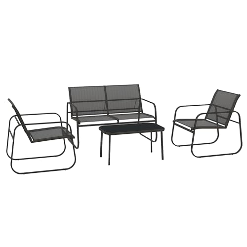 Outsunny Salon de Jardin Ensemble de mobilier de Jardin 4 pièces avec 2 fauteuils 1 canapé 2 Places d'extérieur et Table Basse avec Plateau en Verre trempé Noir